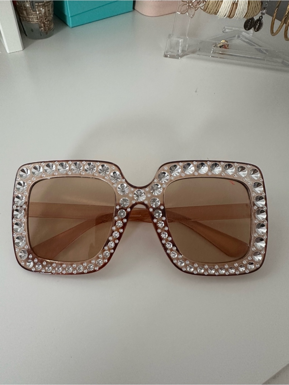 Rhinestone Square Oversized Sunglasses - Brown